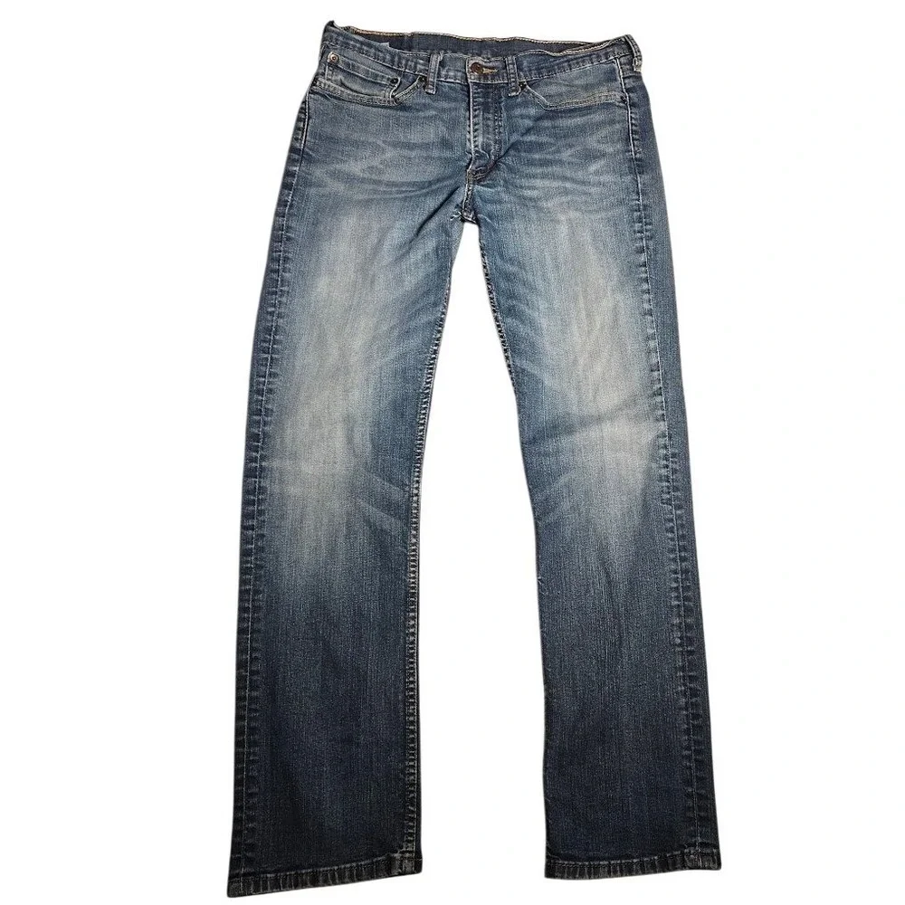 Levis 514 Straight Fit Mens Jeans W34 L32 Medium Wash Faded Whiskered Blue Denim